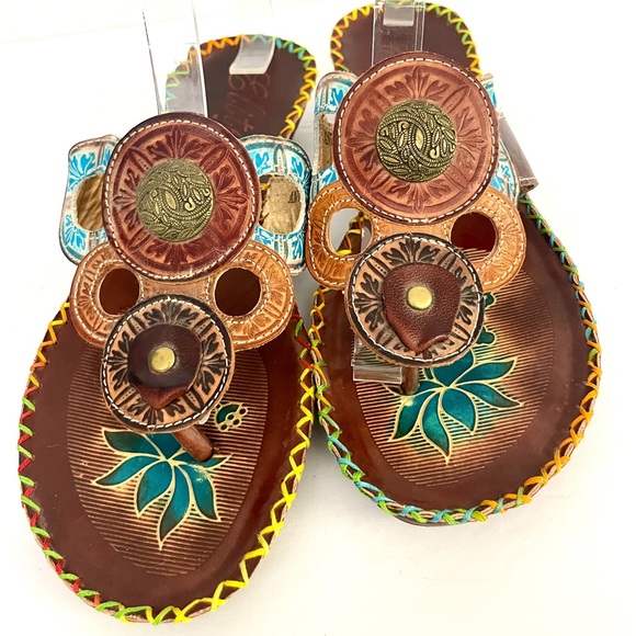 Elite By Corgys Antiqua Hand Tooled Color Sandals Size 9 - Picture 6 of 10